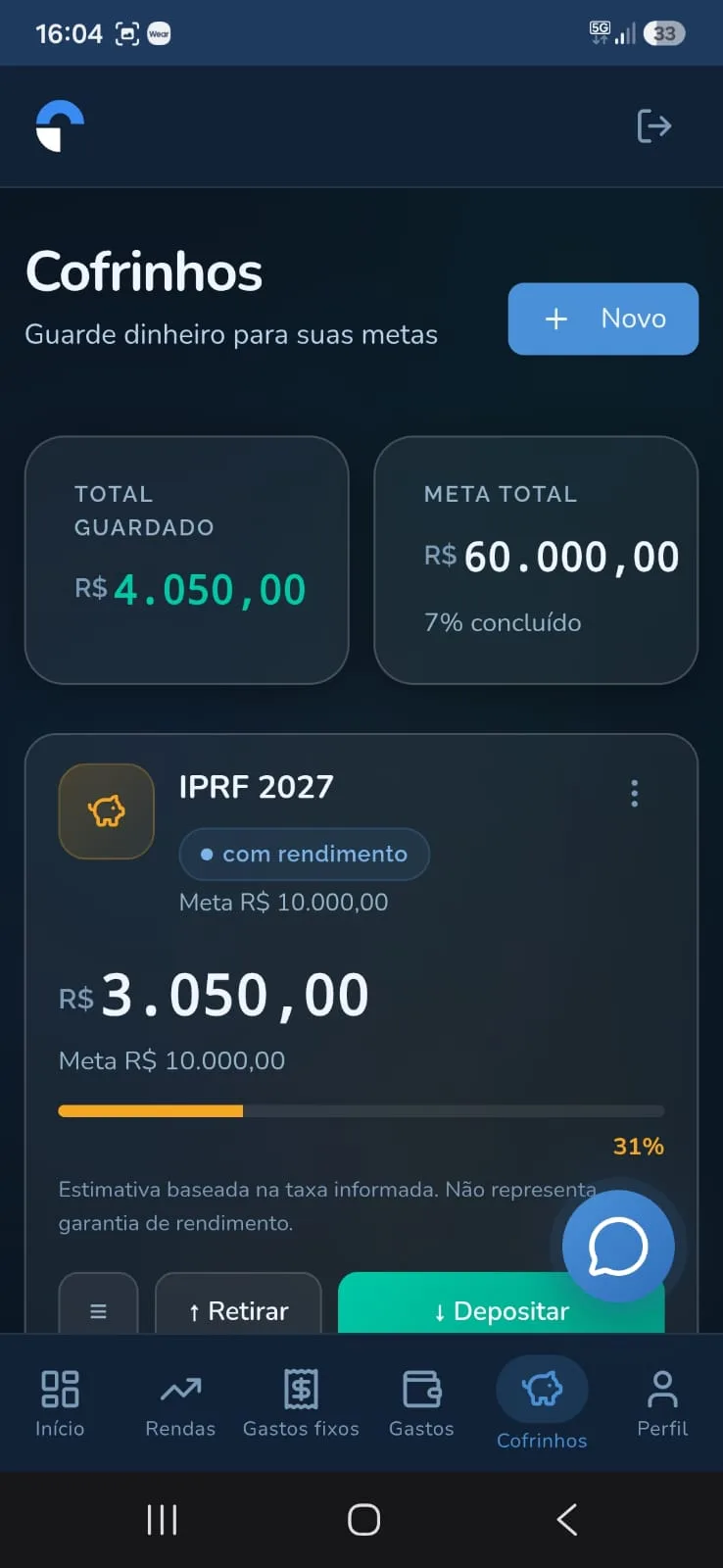 Captura de tela dos cofrinhos de metas do Néper no celular