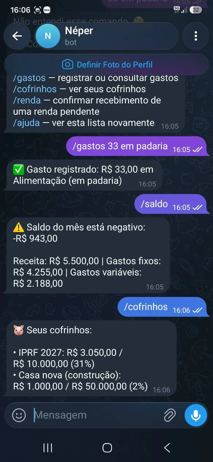 Captura de tela do bot do Néper integrado ao Telegram